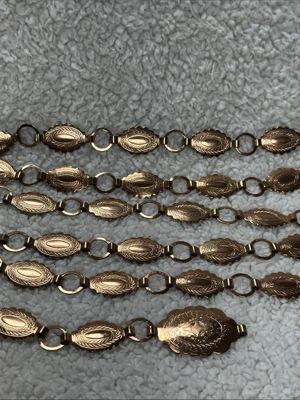 Copper Tone Metal Adjustable Stamped Small Oval Concho Style Link Chain Belt 56”